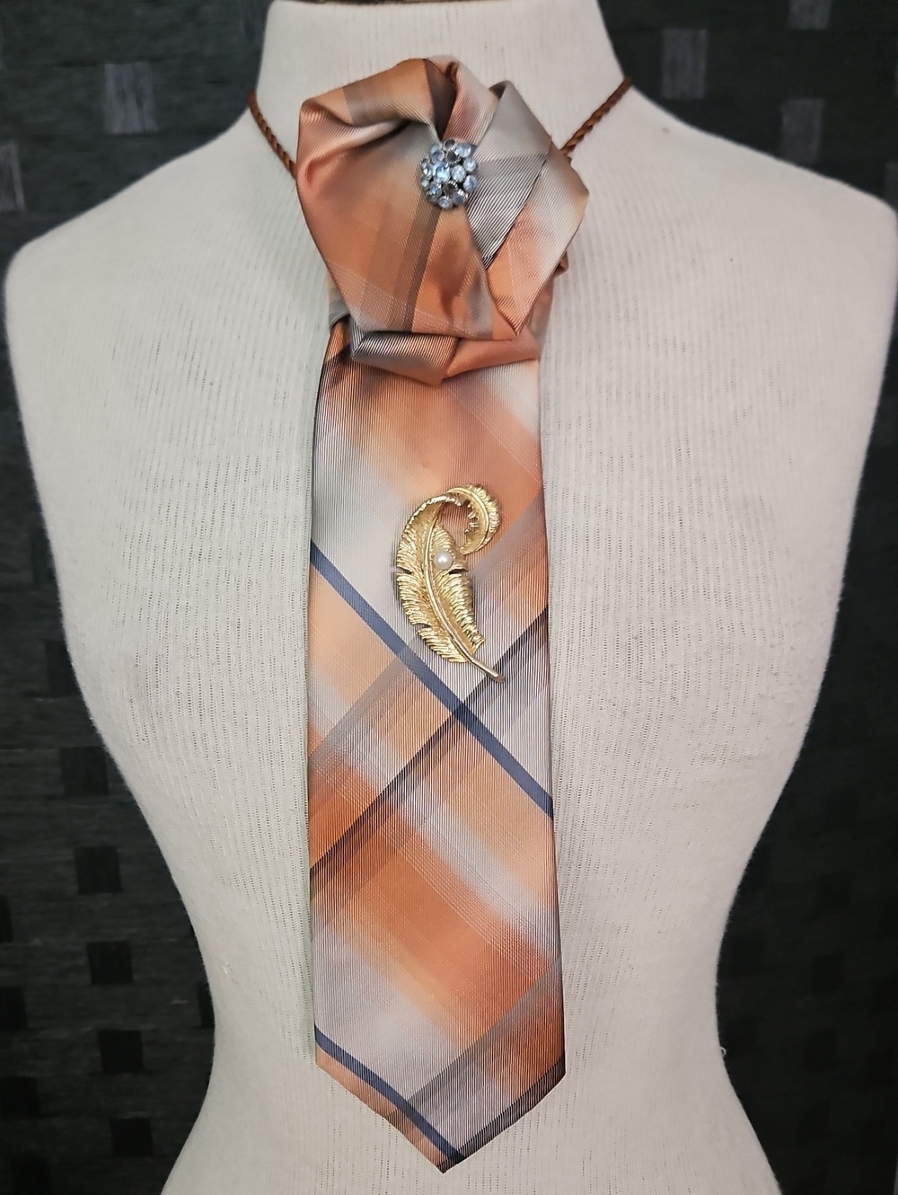 Van Heusen Silk Plaid Orange and Gray Statement Tie Necklace with Brooches